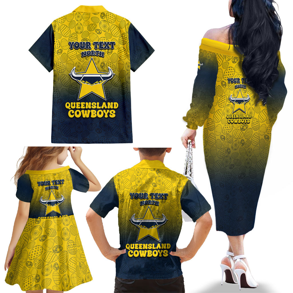 Personalized North Queensland Cowboys Family Matching Off The Shoulder Long Sleeve Dress and Hawaiian Shirt Easter Mascot - Colorful Eggs Cartoon Style