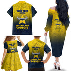 Personalized North Queensland Cowboys Family Matching Off The Shoulder Long Sleeve Dress and Hawaiian Shirt Easter Mascot - Colorful Eggs Cartoon Style