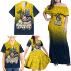 Personalized North Queensland Cowboys Family Matching Off Shoulder Maxi Dress and Hawaiian Shirt Easter Mascot - Colorful Eggs Cartoon Style