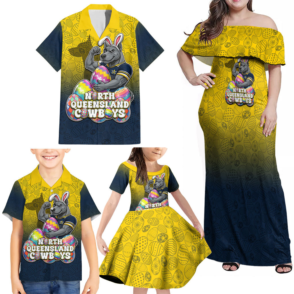 Personalized North Queensland Cowboys Family Matching Off Shoulder Maxi Dress and Hawaiian Shirt Easter Mascot - Colorful Eggs Cartoon Style