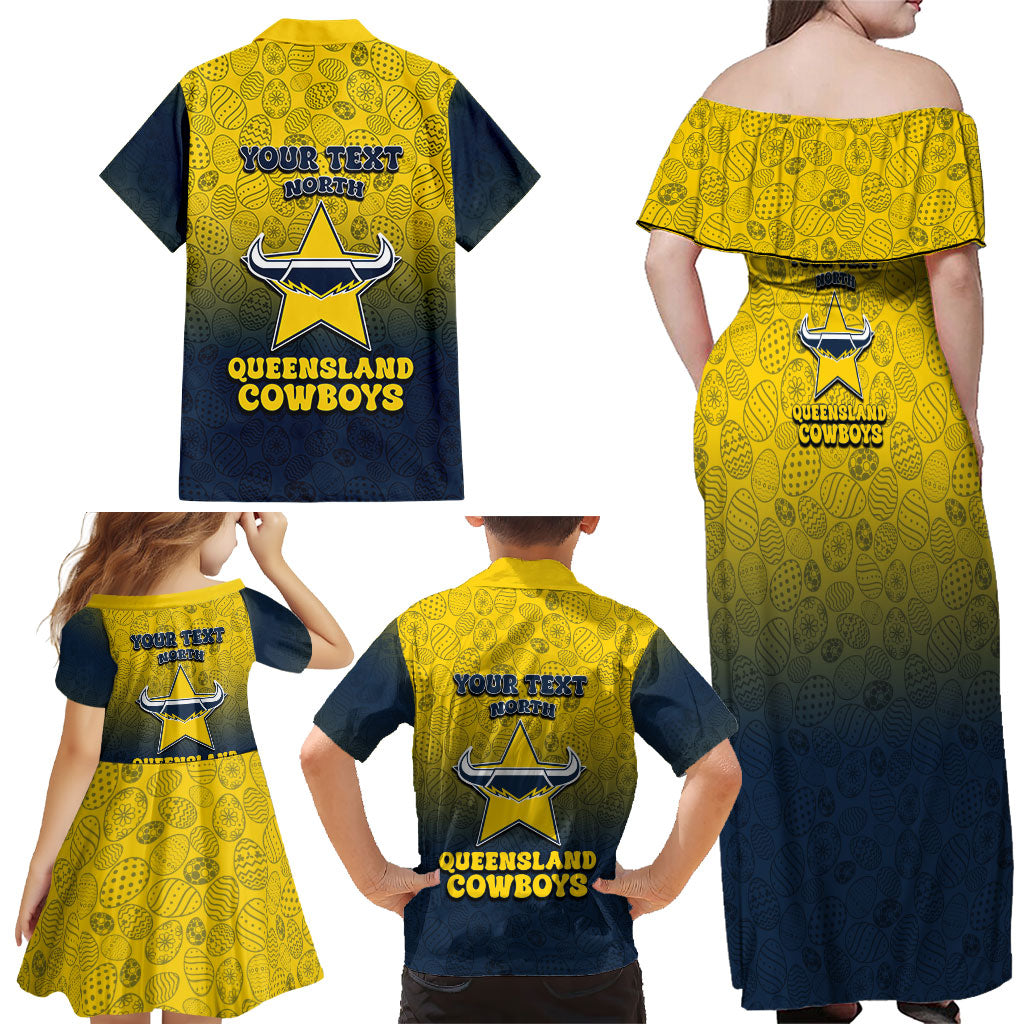 Personalized North Queensland Cowboys Family Matching Off Shoulder Maxi Dress and Hawaiian Shirt Easter Mascot - Colorful Eggs Cartoon Style