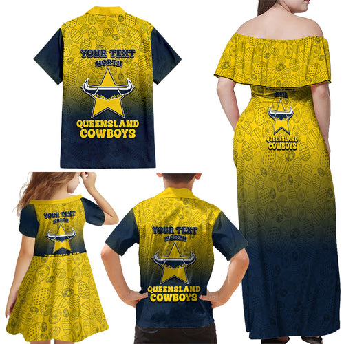 Personalized North Queensland Cowboys Family Matching Off Shoulder Maxi Dress and Hawaiian Shirt Easter Mascot - Colorful Eggs Cartoon Style