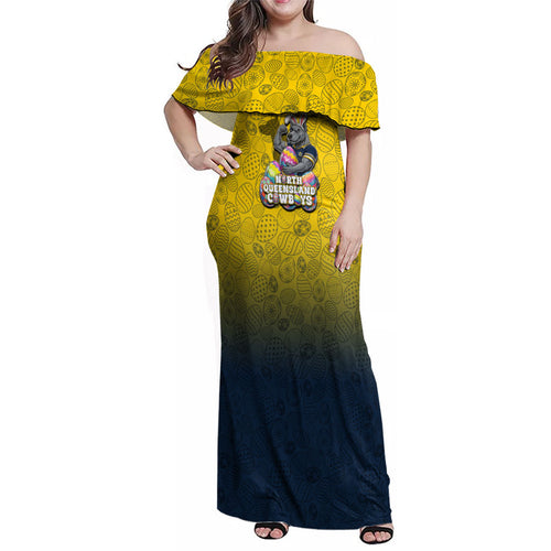 Personalized North Queensland Cowboys Family Matching Off Shoulder Maxi Dress and Hawaiian Shirt Easter Mascot - Colorful Eggs Cartoon Style