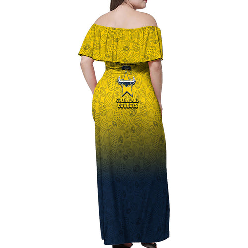 Personalized North Queensland Cowboys Family Matching Off Shoulder Maxi Dress and Hawaiian Shirt Easter Mascot - Colorful Eggs Cartoon Style