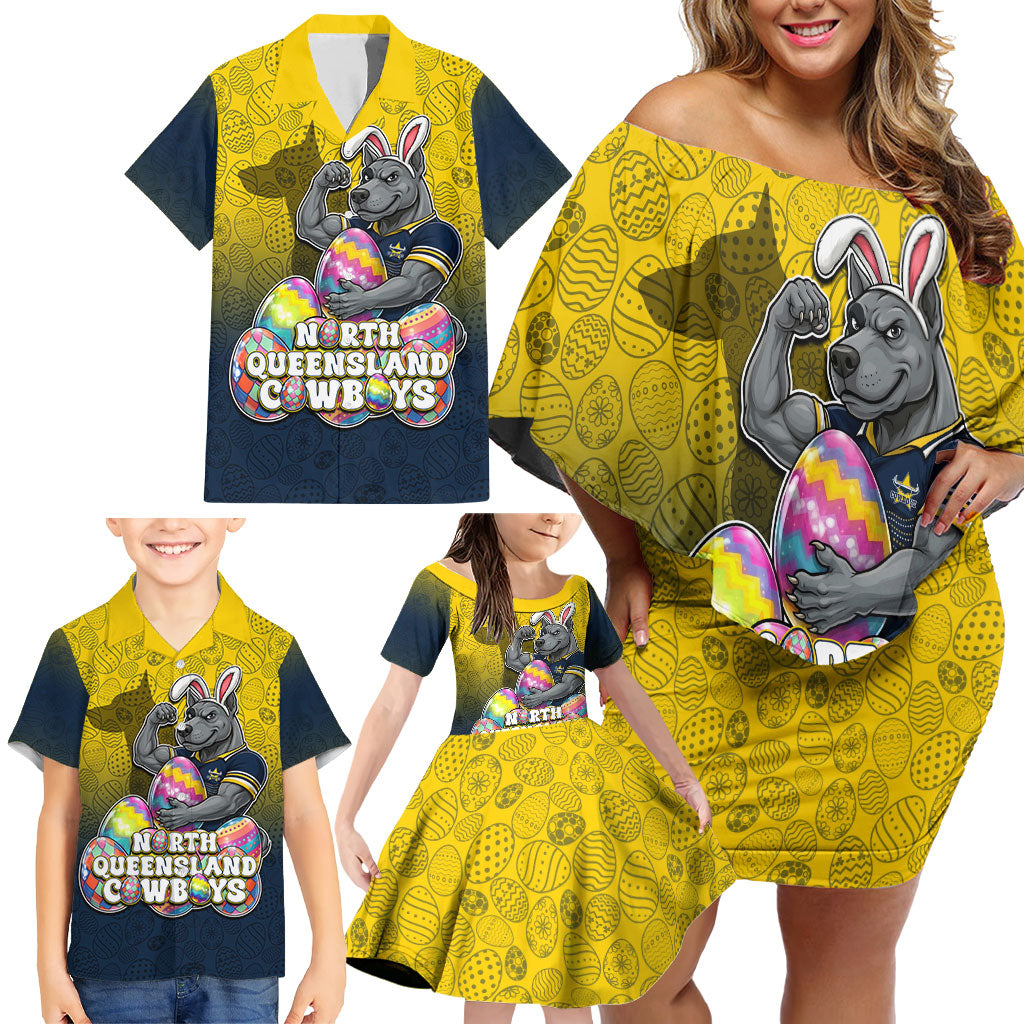 Personalized North Queensland Cowboys Family Matching Off Shoulder Short Dress and Hawaiian Shirt Easter Mascot - Colorful Eggs Cartoon Style