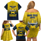 Personalized North Queensland Cowboys Family Matching Off Shoulder Short Dress and Hawaiian Shirt Easter Mascot - Colorful Eggs Cartoon Style