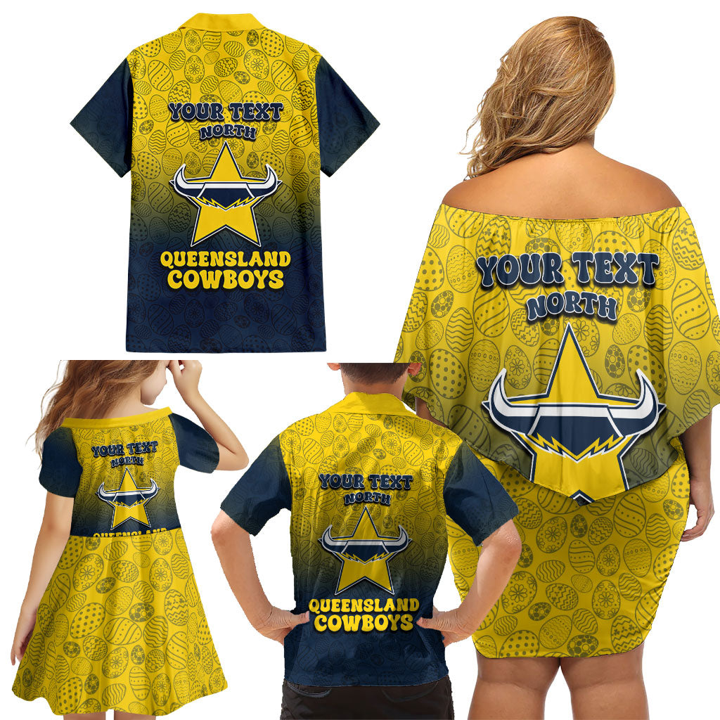 Personalized North Queensland Cowboys Family Matching Off Shoulder Short Dress and Hawaiian Shirt Easter Mascot - Colorful Eggs Cartoon Style