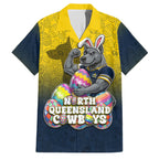 Personalized North Queensland Cowboys Family Matching Off Shoulder Short Dress and Hawaiian Shirt Easter Mascot - Colorful Eggs Cartoon Style