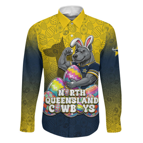 Personalized North Queensland Cowboys Family Matching Off Shoulder Short Dress and Hawaiian Shirt Easter Mascot - Colorful Eggs Cartoon Style