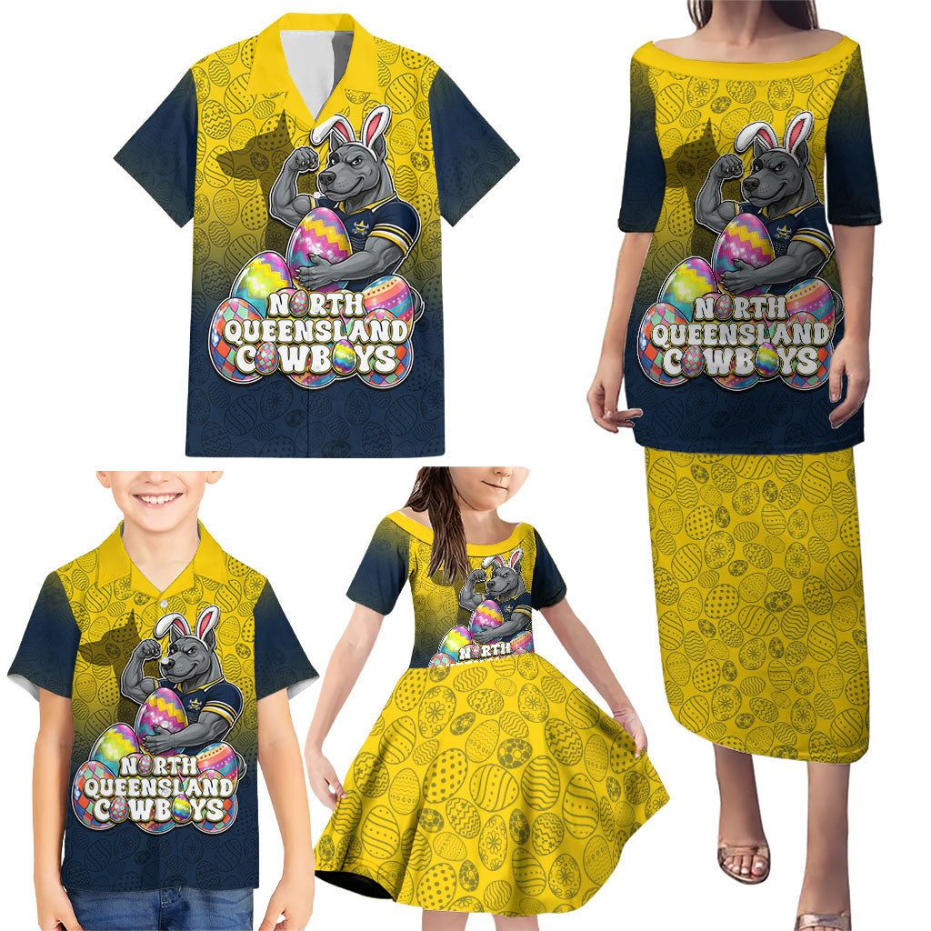 Personalized North Queensland Cowboys Family Matching Puletasi and Hawaiian Shirt Easter Mascot - Colorful Eggs Cartoon Style
