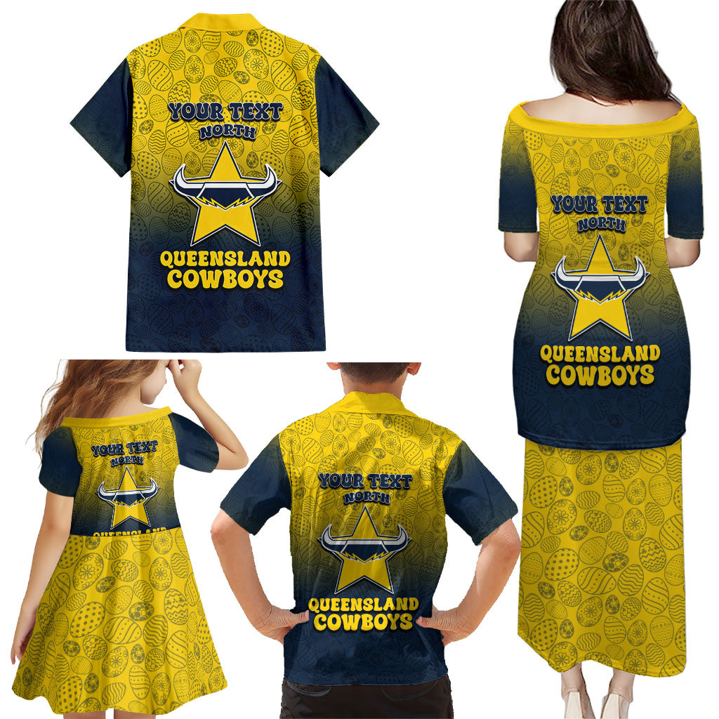 Personalized North Queensland Cowboys Family Matching Puletasi and Hawaiian Shirt Easter Mascot - Colorful Eggs Cartoon Style
