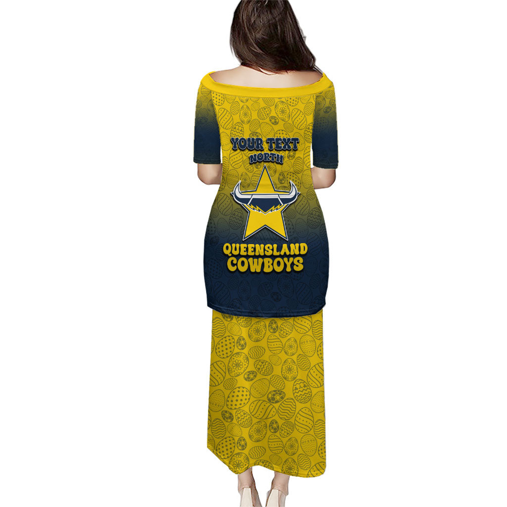 Personalized North Queensland Cowboys Family Matching Puletasi and Hawaiian Shirt Easter Mascot - Colorful Eggs Cartoon Style