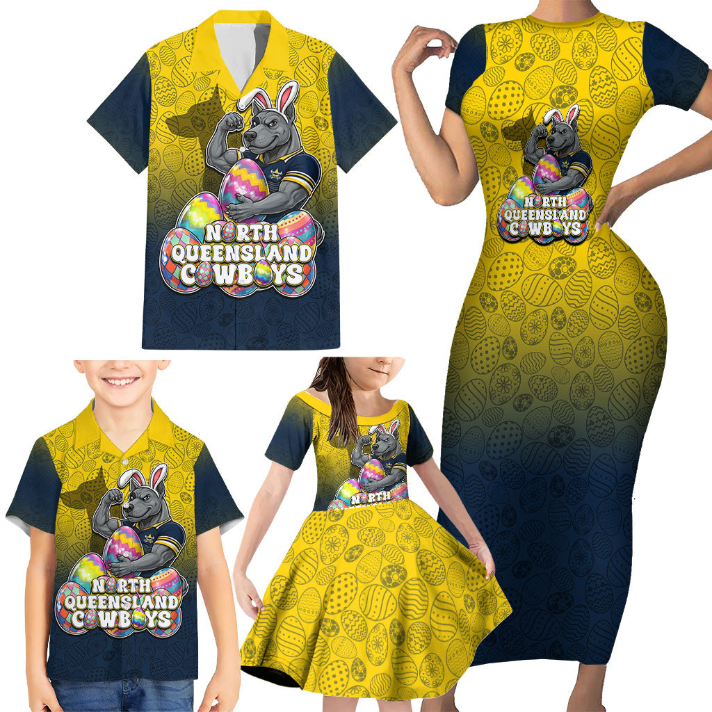 Personalized North Queensland Cowboys Family Matching Short Sleeve Bodycon Dress and Hawaiian Shirt Easter Mascot - Colorful Eggs Cartoon Style