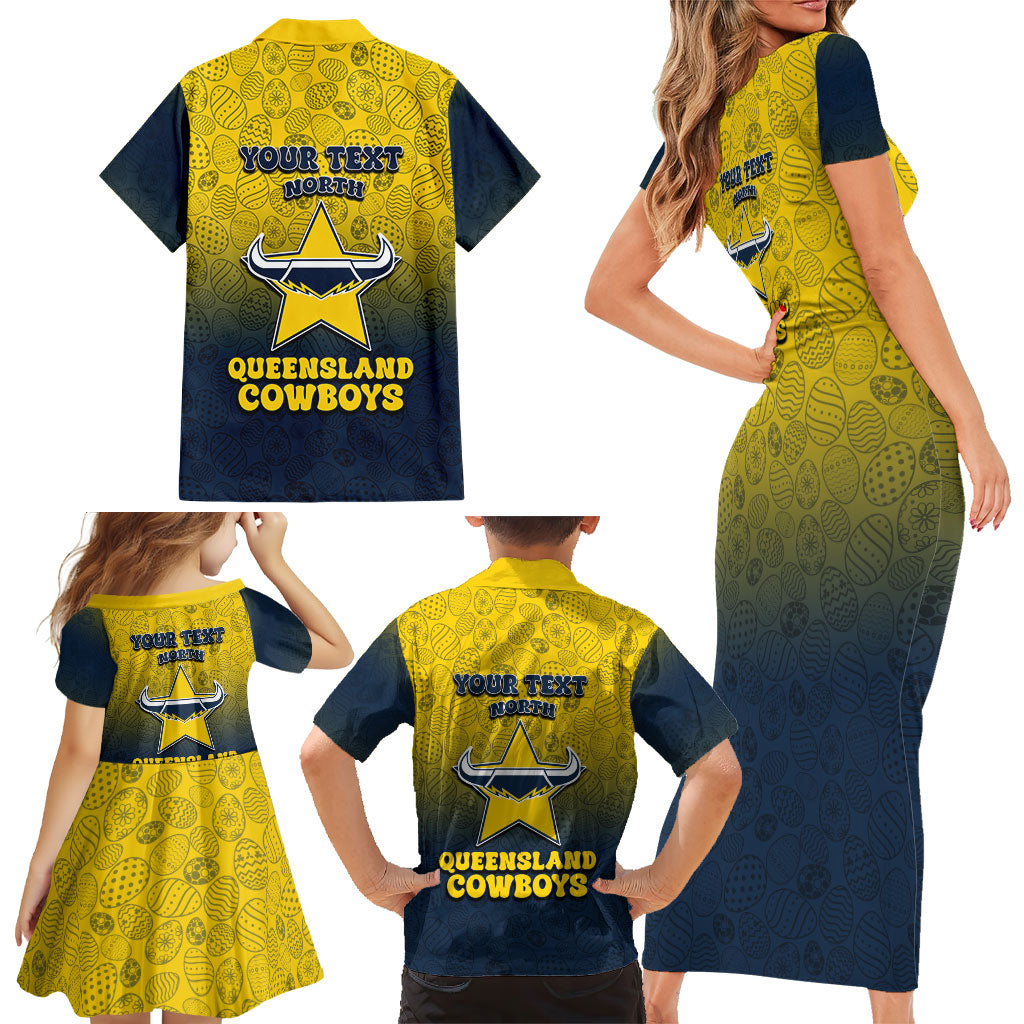 Personalized North Queensland Cowboys Family Matching Short Sleeve Bodycon Dress and Hawaiian Shirt Easter Mascot - Colorful Eggs Cartoon Style