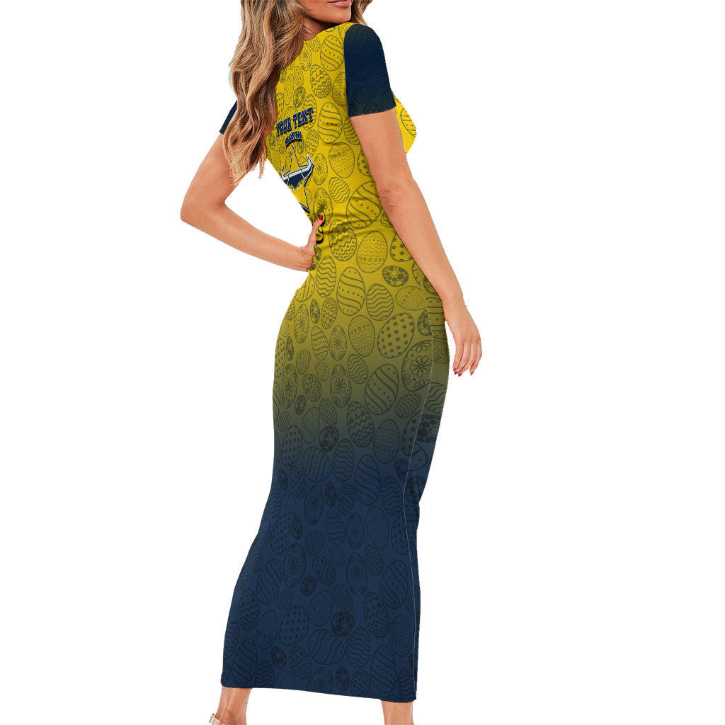 Personalized North Queensland Cowboys Family Matching Short Sleeve Bodycon Dress and Hawaiian Shirt Easter Mascot - Colorful Eggs Cartoon Style