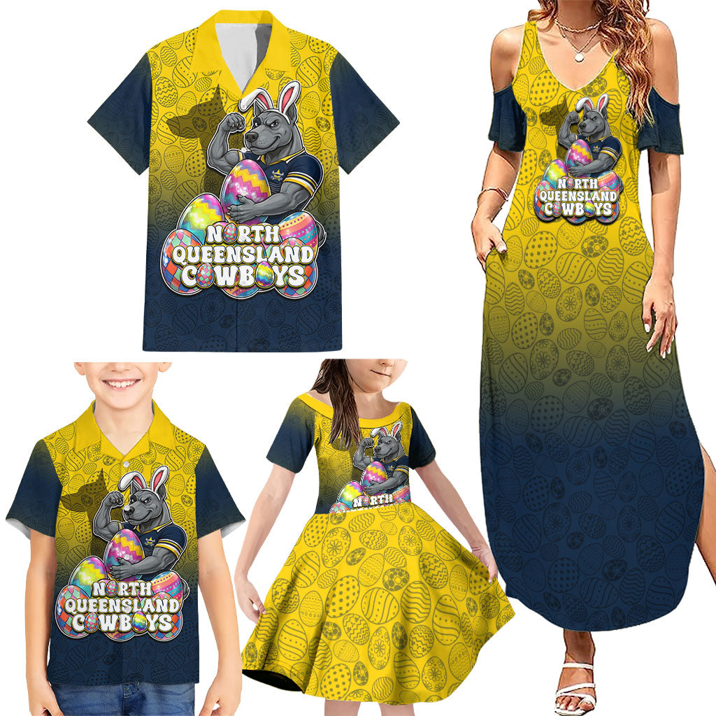 Personalized North Queensland Cowboys Family Matching Summer Maxi Dress and Hawaiian Shirt Easter Mascot - Colorful Eggs Cartoon Style