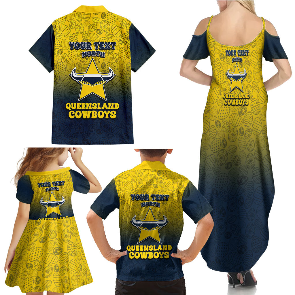 Personalized North Queensland Cowboys Family Matching Summer Maxi Dress and Hawaiian Shirt Easter Mascot - Colorful Eggs Cartoon Style