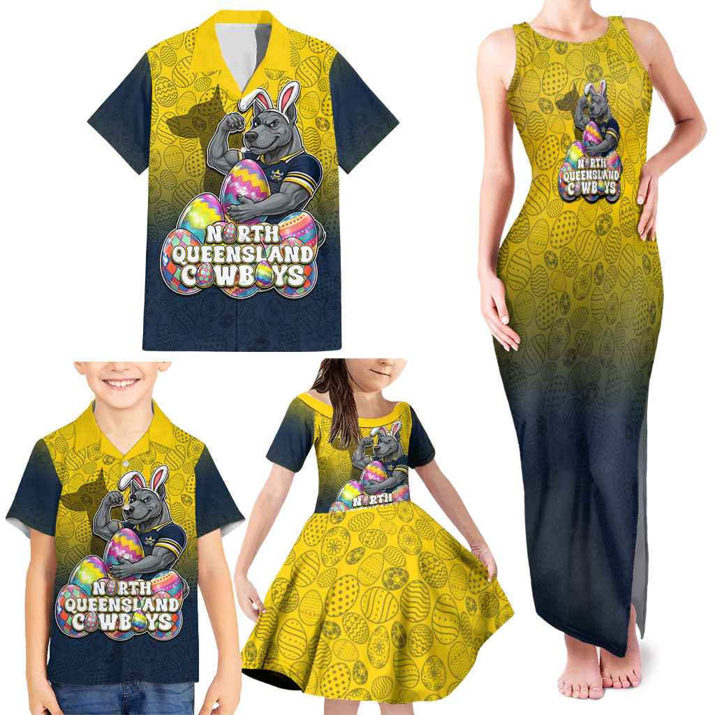 Personalized North Queensland Cowboys Family Matching Tank Maxi Dress and Hawaiian Shirt Easter Mascot - Colorful Eggs Cartoon Style