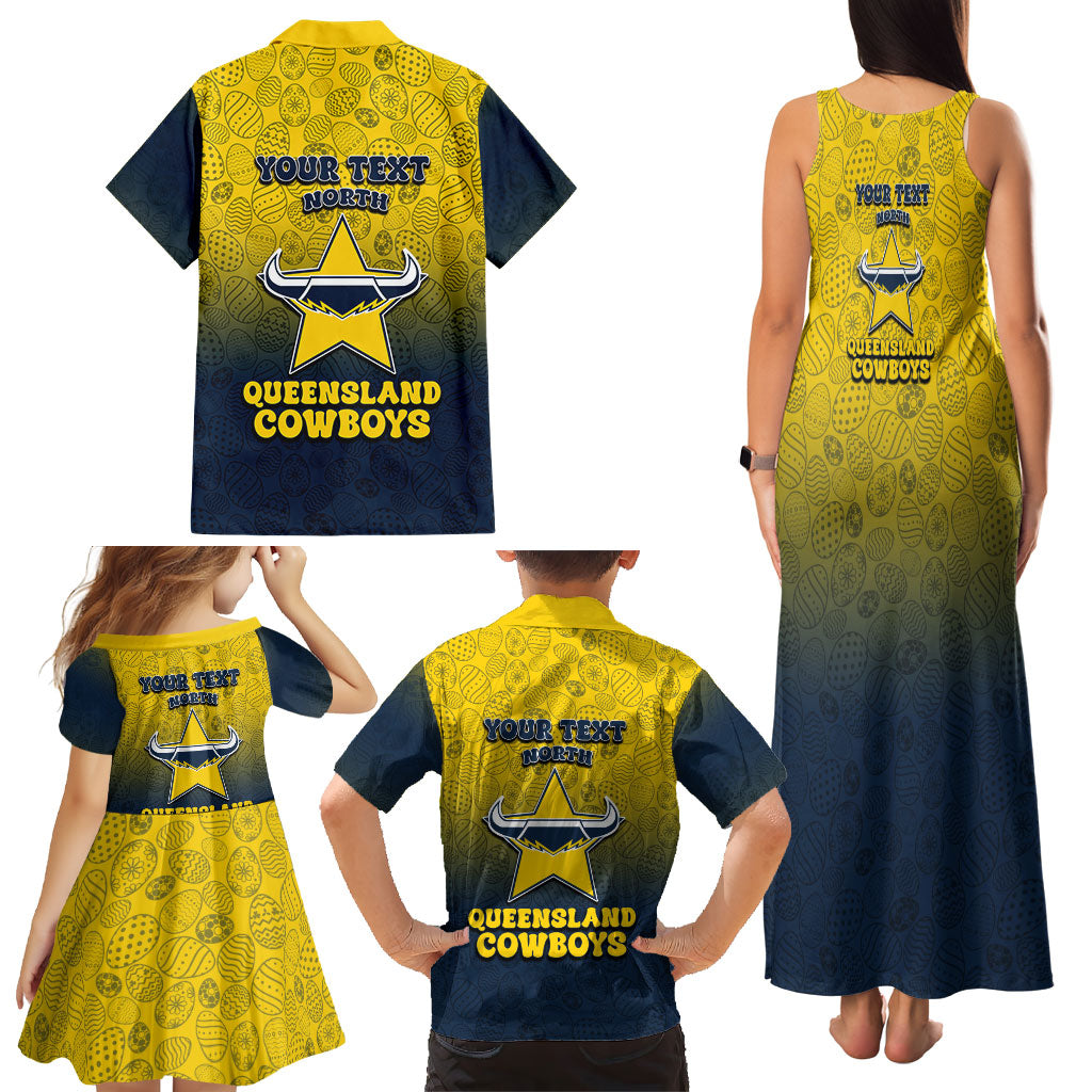 Personalized North Queensland Cowboys Family Matching Tank Maxi Dress and Hawaiian Shirt Easter Mascot - Colorful Eggs Cartoon Style