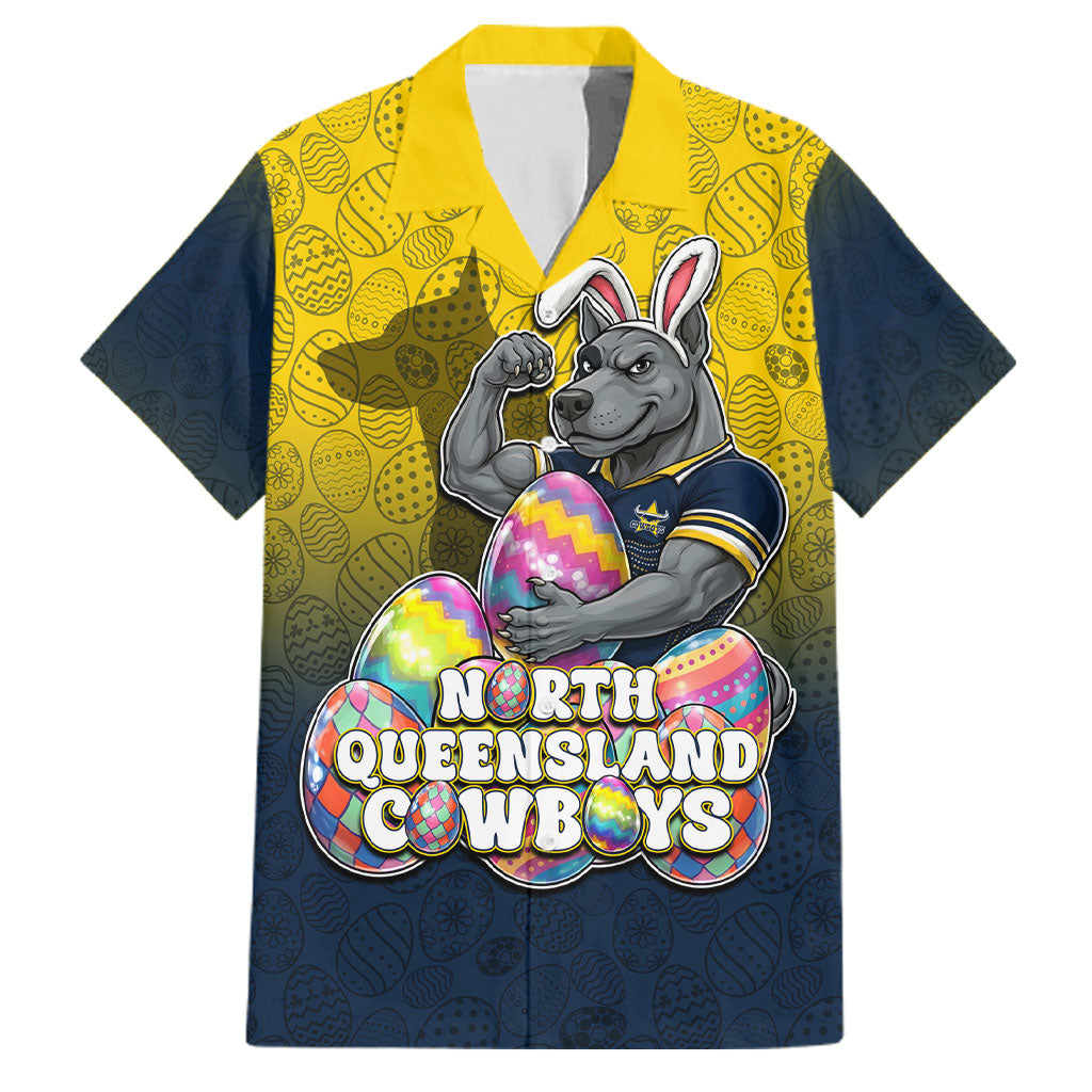 Personalized North Queensland Cowboys Family Matching Tank Maxi Dress and Hawaiian Shirt Easter Mascot - Colorful Eggs Cartoon Style