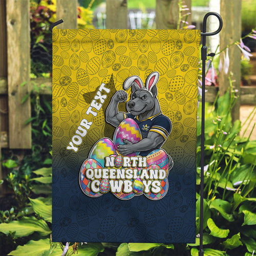Personalized North Queensland Cowboys Garden Flag Easter Mascot - Colorful Eggs Cartoon Style