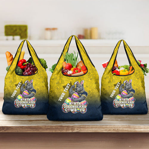 Personalized North Queensland Cowboys Grocery Bag Easter Mascot - Colorful Eggs Cartoon Style