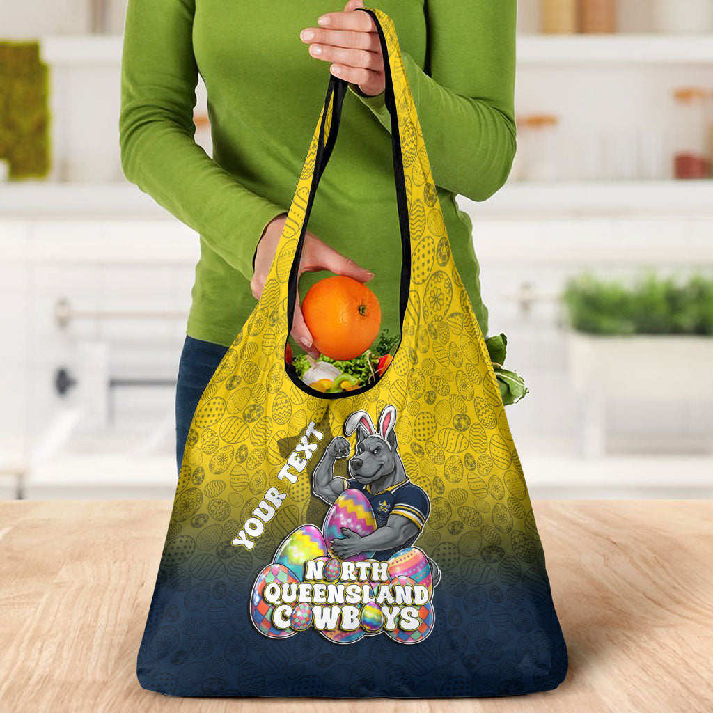 Personalized North Queensland Cowboys Grocery Bag Easter Mascot - Colorful Eggs Cartoon Style