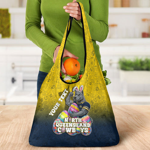 Personalized North Queensland Cowboys Grocery Bag Easter Mascot - Colorful Eggs Cartoon Style