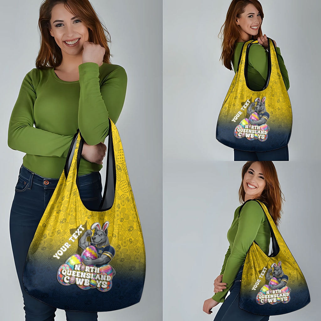 Personalized North Queensland Cowboys Grocery Bag Easter Mascot - Colorful Eggs Cartoon Style