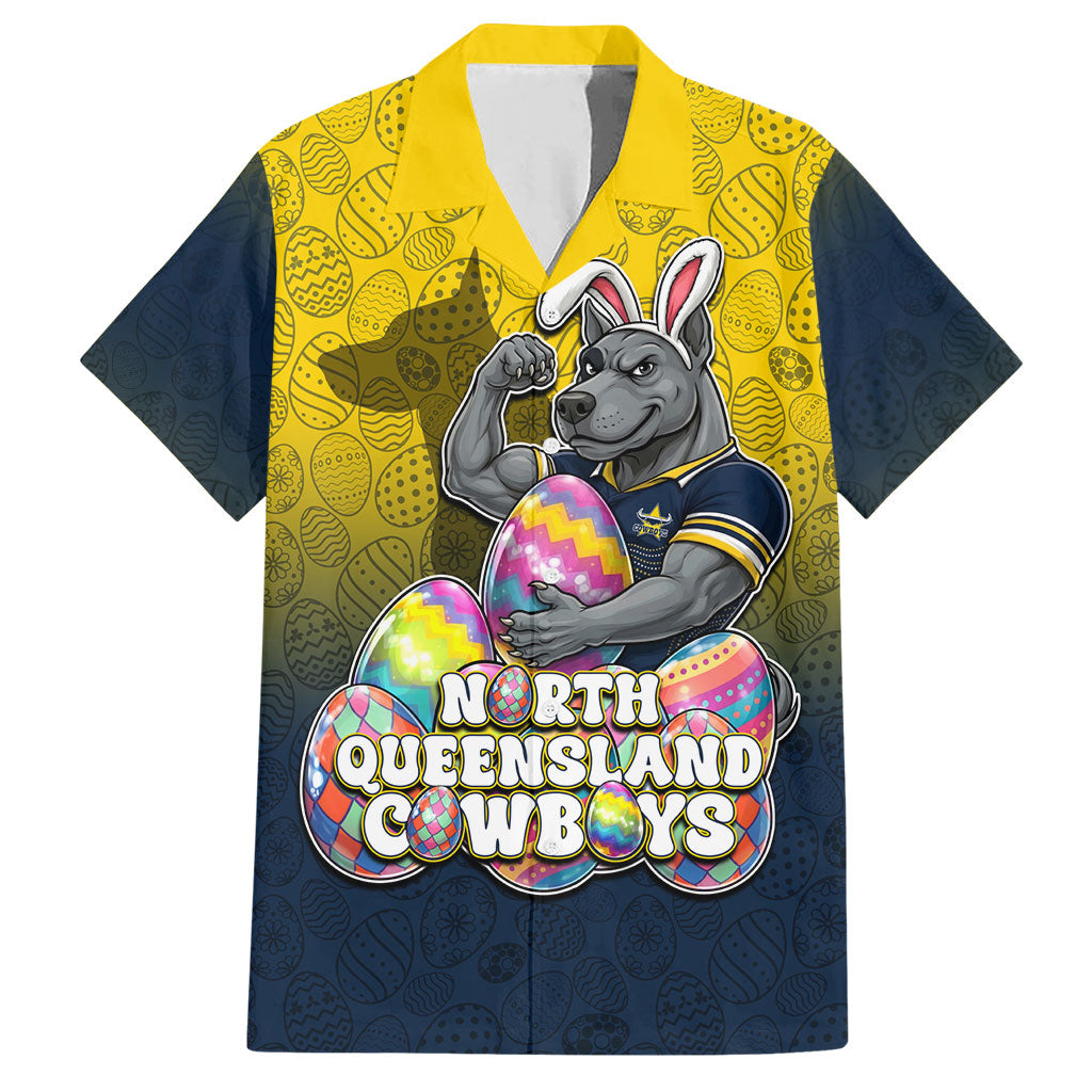 Personalized North Queensland Cowboys Hawaiian Shirt Easter Mascot - Colorful Eggs Cartoon Style