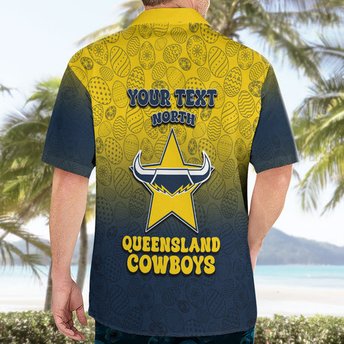 Personalized North Queensland Cowboys Hawaiian Shirt Easter Mascot - Colorful Eggs Cartoon Style
