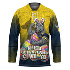 Personalized North Queensland Cowboys Hockey Jersey Easter Mascot - Colorful Eggs Cartoon Style