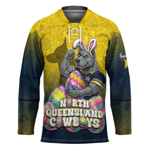 Personalized North Queensland Cowboys Hockey Jersey Easter Mascot - Colorful Eggs Cartoon Style