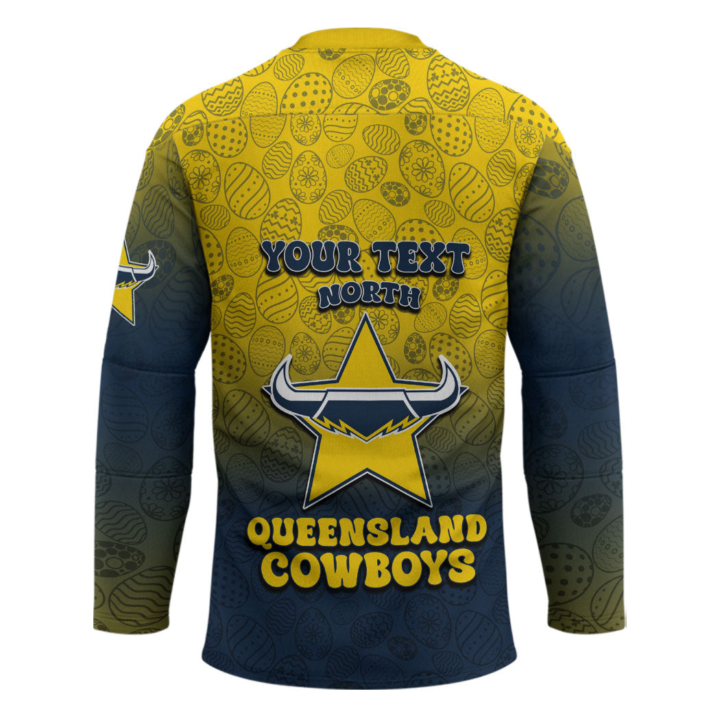 Personalized North Queensland Cowboys Hockey Jersey Easter Mascot - Colorful Eggs Cartoon Style