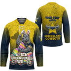 Personalized North Queensland Cowboys Hockey Jersey Easter Mascot - Colorful Eggs Cartoon Style