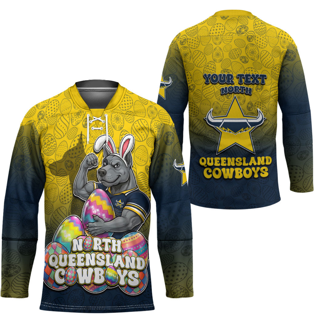 Personalized North Queensland Cowboys Hockey Jersey Easter Mascot - Colorful Eggs Cartoon Style