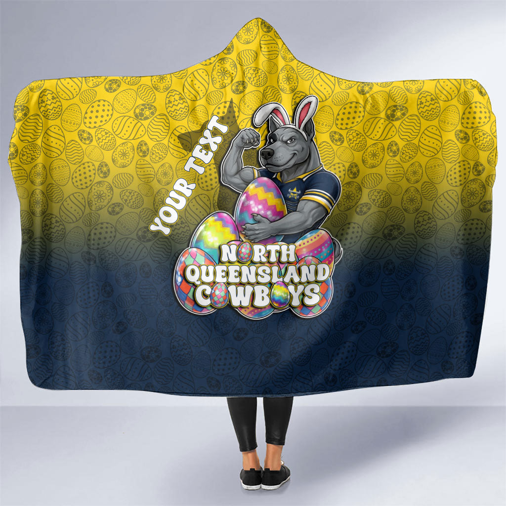 Personalized North Queensland Cowboys Hooded Blanket Easter Mascot - Colorful Eggs Cartoon Style