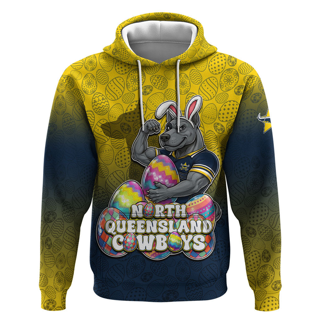 Personalized North Queensland Cowboys Hoodie Easter Mascot - Colorful Eggs Cartoon Style