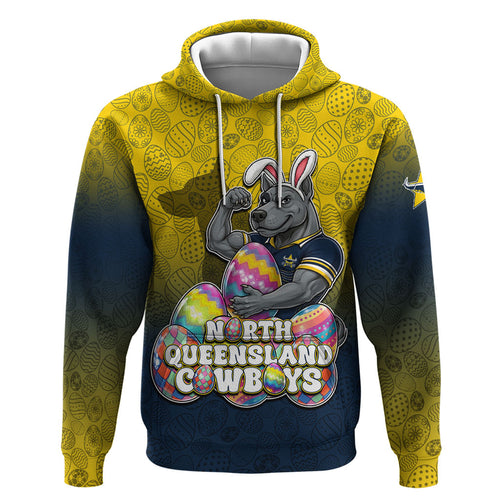 Personalized North Queensland Cowboys Hoodie Easter Mascot - Colorful Eggs Cartoon Style