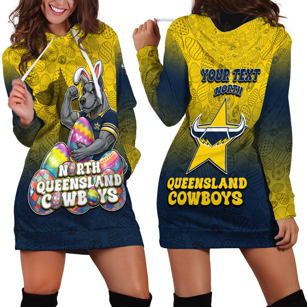 Personalized North Queensland Cowboys Hoodie Dress Easter Mascot - Colorful Eggs Cartoon Style