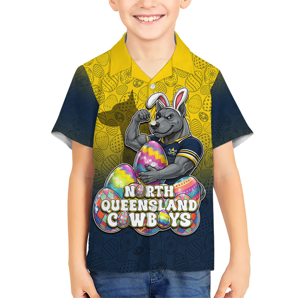 Personalized North Queensland Cowboys Kid Hawaiian Shirt Easter Mascot - Colorful Eggs Cartoon Style