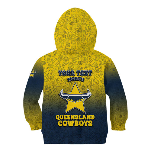Personalized North Queensland Cowboys Kid Hoodie Easter Mascot - Colorful Eggs Cartoon Style
