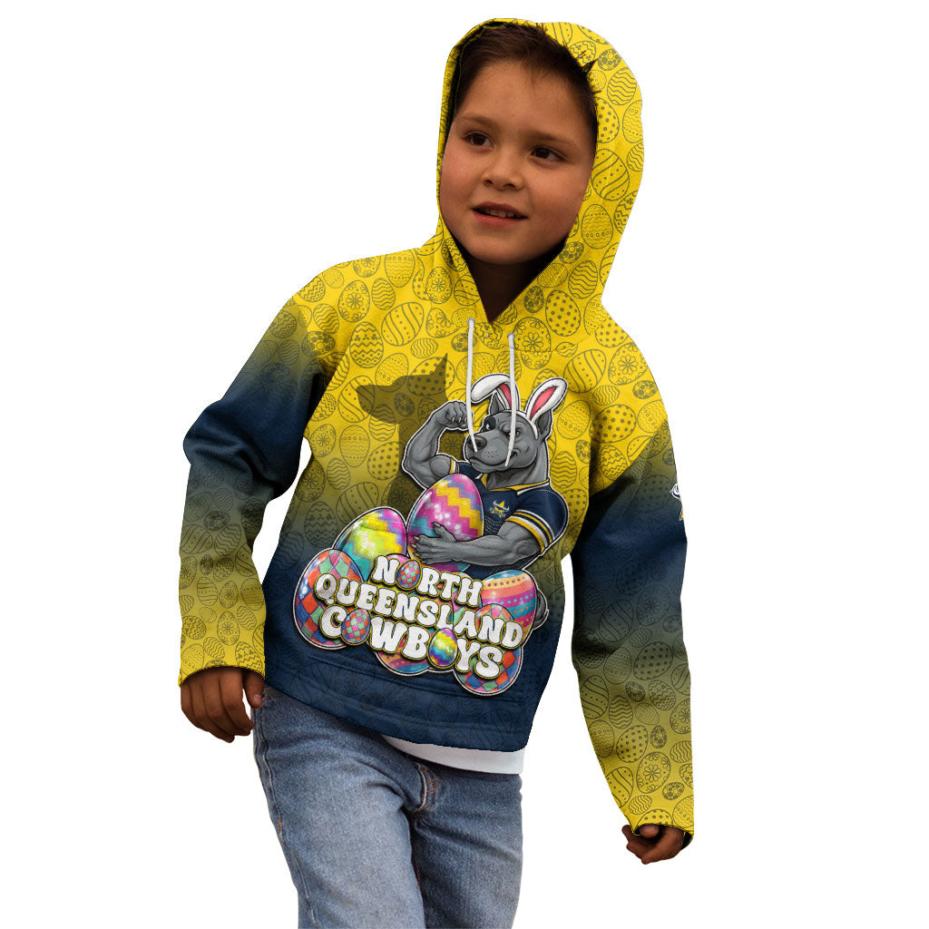 Personalized North Queensland Cowboys Kid Hoodie Easter Mascot - Colorful Eggs Cartoon Style