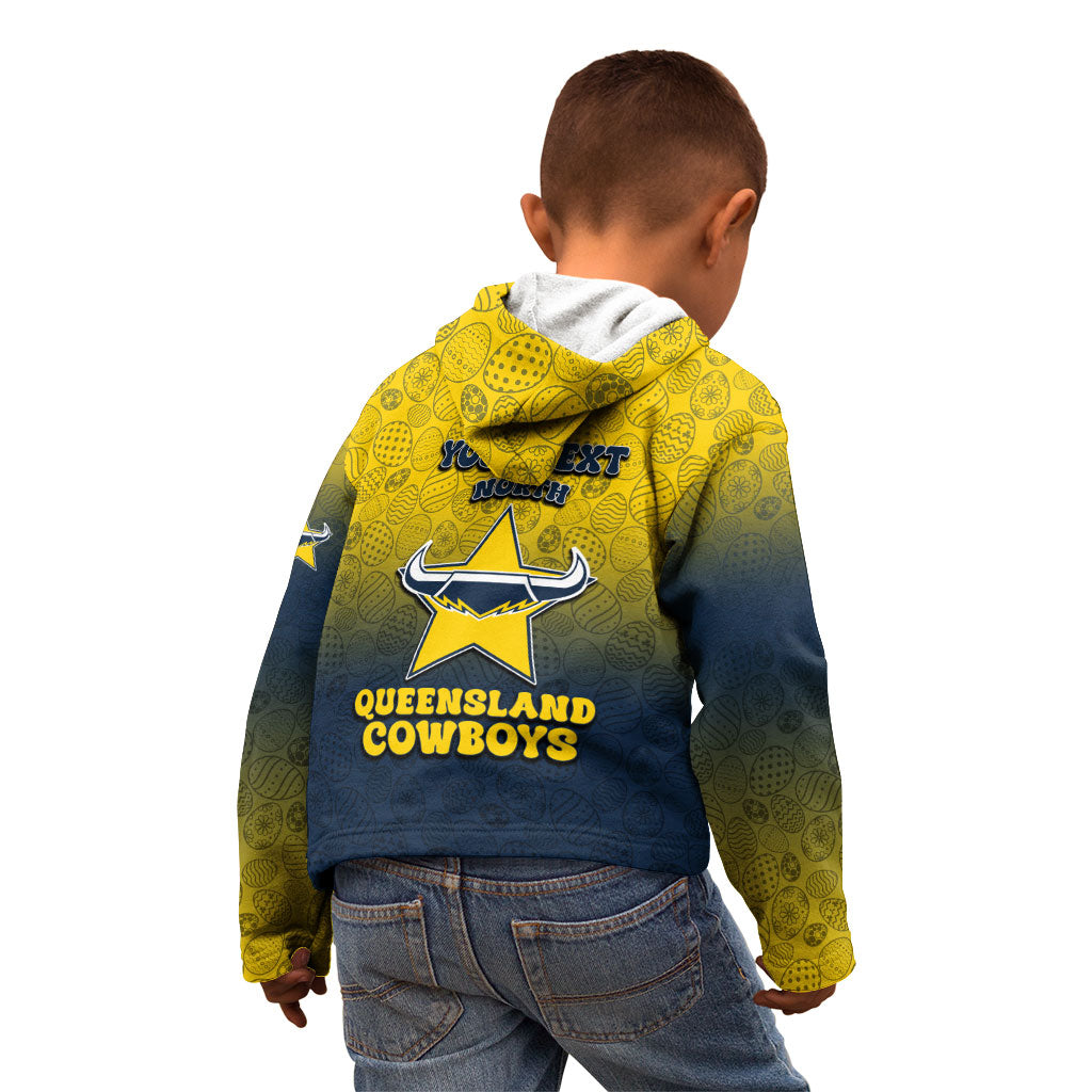 Personalized North Queensland Cowboys Kid Hoodie Easter Mascot - Colorful Eggs Cartoon Style