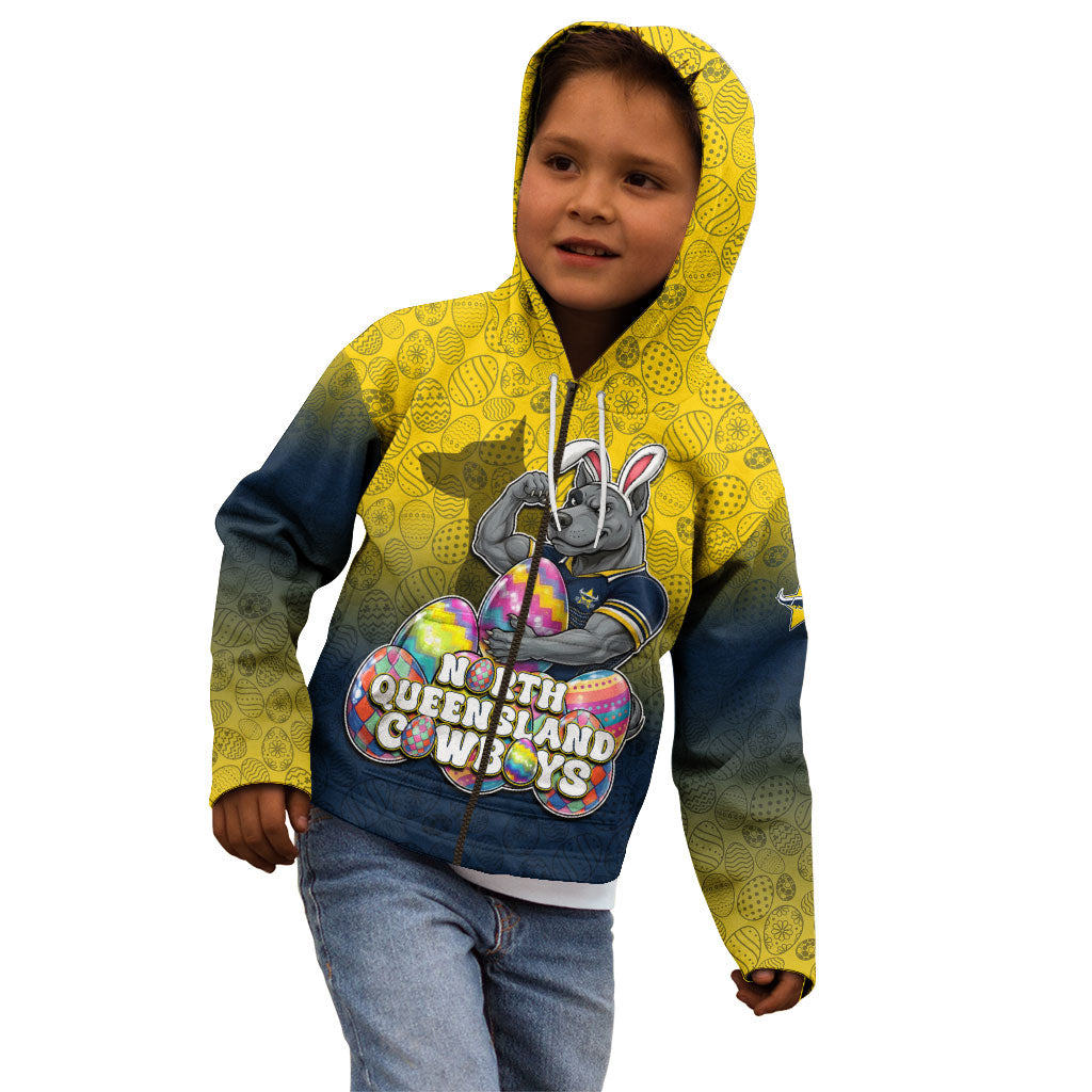Personalized North Queensland Cowboys Kid Hoodie Easter Mascot - Colorful Eggs Cartoon Style