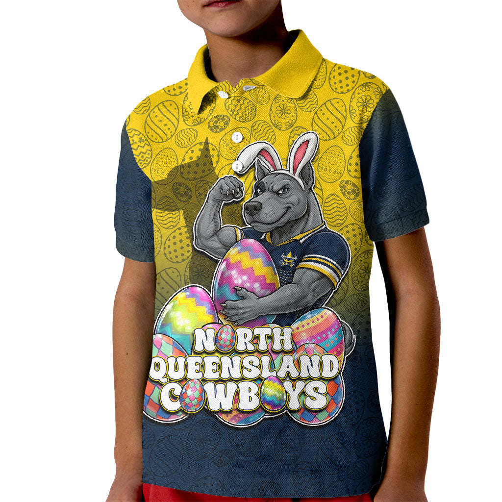 Personalized North Queensland Cowboys Kid Polo Shirt Easter Mascot - Colorful Eggs Cartoon Style