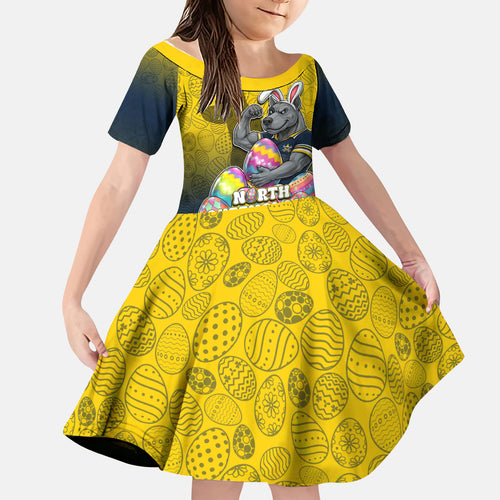 Personalized North Queensland Cowboys Kid Short Sleeve Dress Easter Mascot - Colorful Eggs Cartoon Style