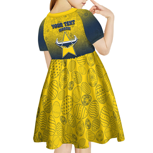 Personalized North Queensland Cowboys Kid Short Sleeve Dress Easter Mascot - Colorful Eggs Cartoon Style