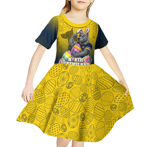 Personalized North Queensland Cowboys Kid Short Sleeve Dress Easter Mascot - Colorful Eggs Cartoon Style