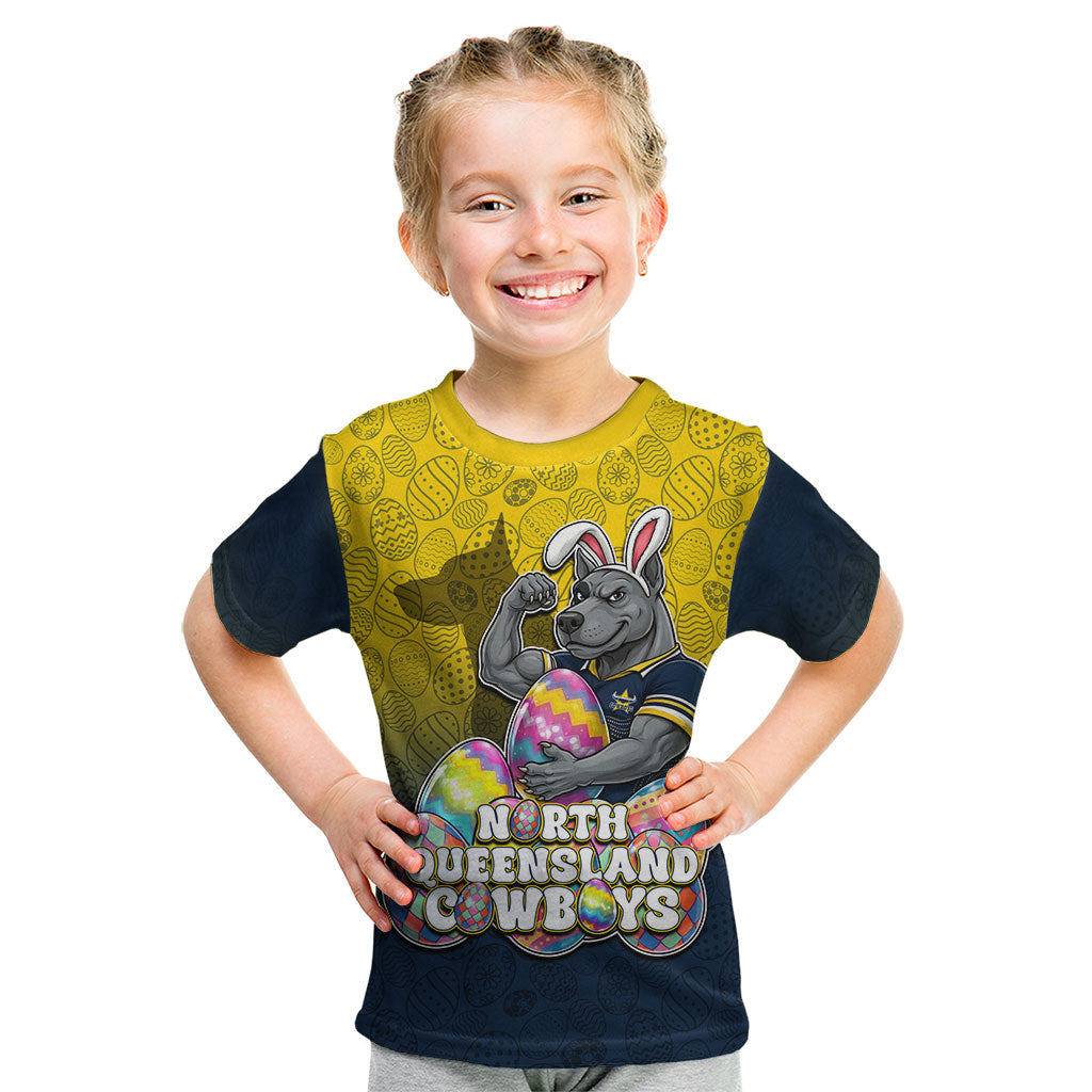 Personalized North Queensland Cowboys Kid T Shirt Easter Mascot - Colorful Eggs Cartoon Style